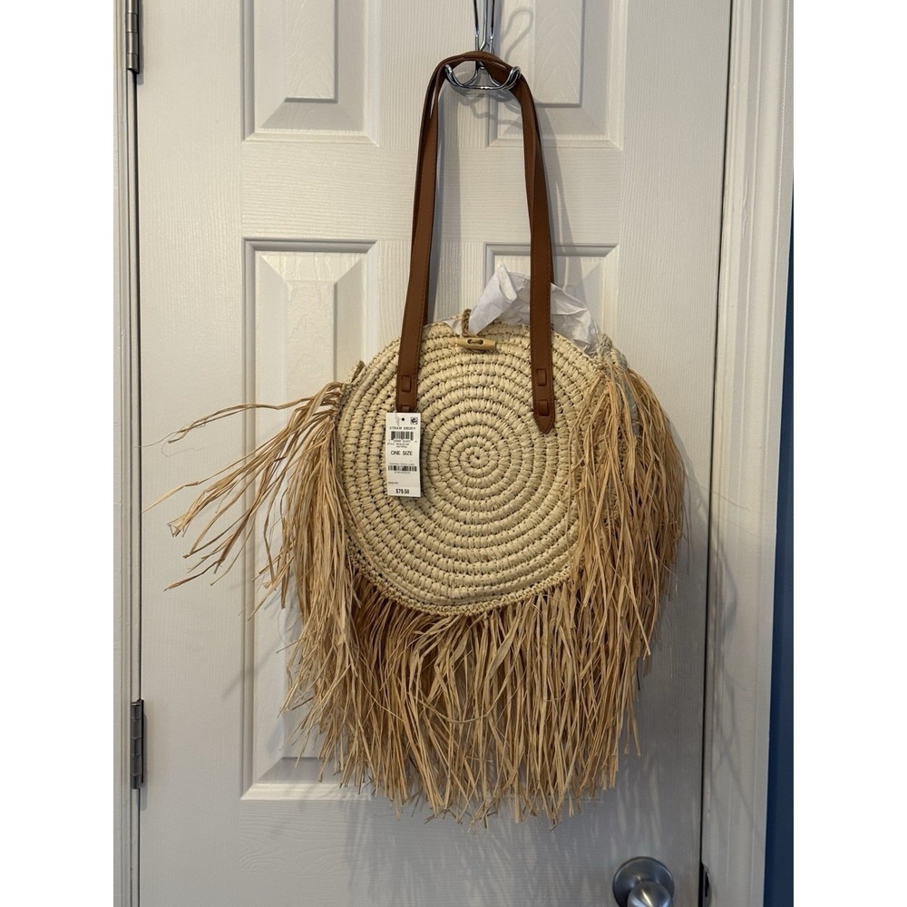 NWT INC Round Straw Fringe Shoulderโ Bag Brown Boho Beach Casual Resort